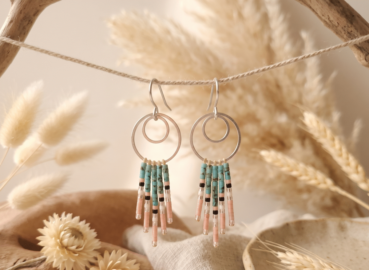 Boucles d'Oreilles Argentées "Cascade" — Double Anneau & Franges Miyuki