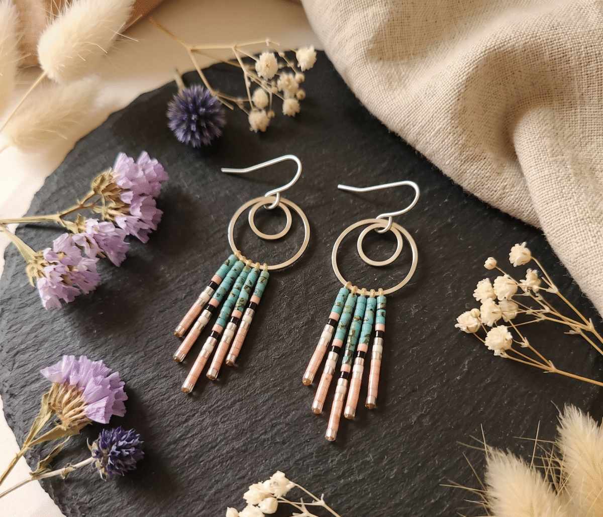 Boucles d'Oreilles Argentées "Cascade" — Double Anneau & Franges Miyuki