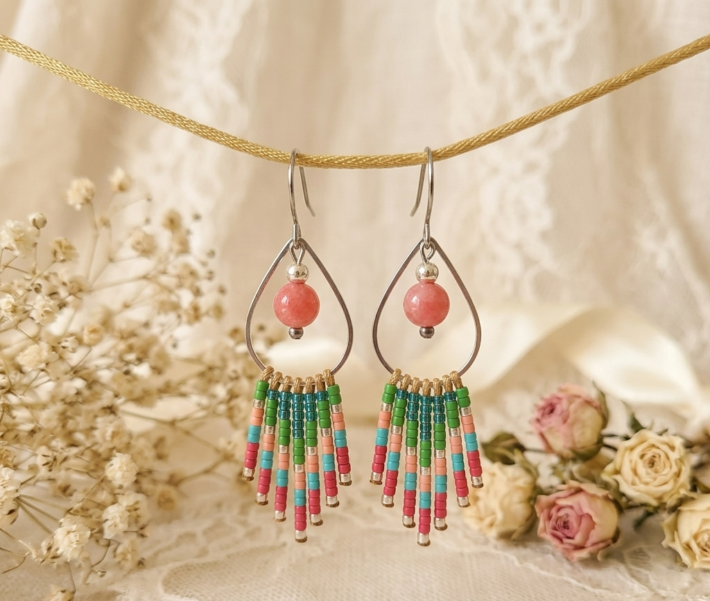 Boucles d’Oreilles Bohèmes Multicolores Avec Perle Naturelle Et Perles Miyuki