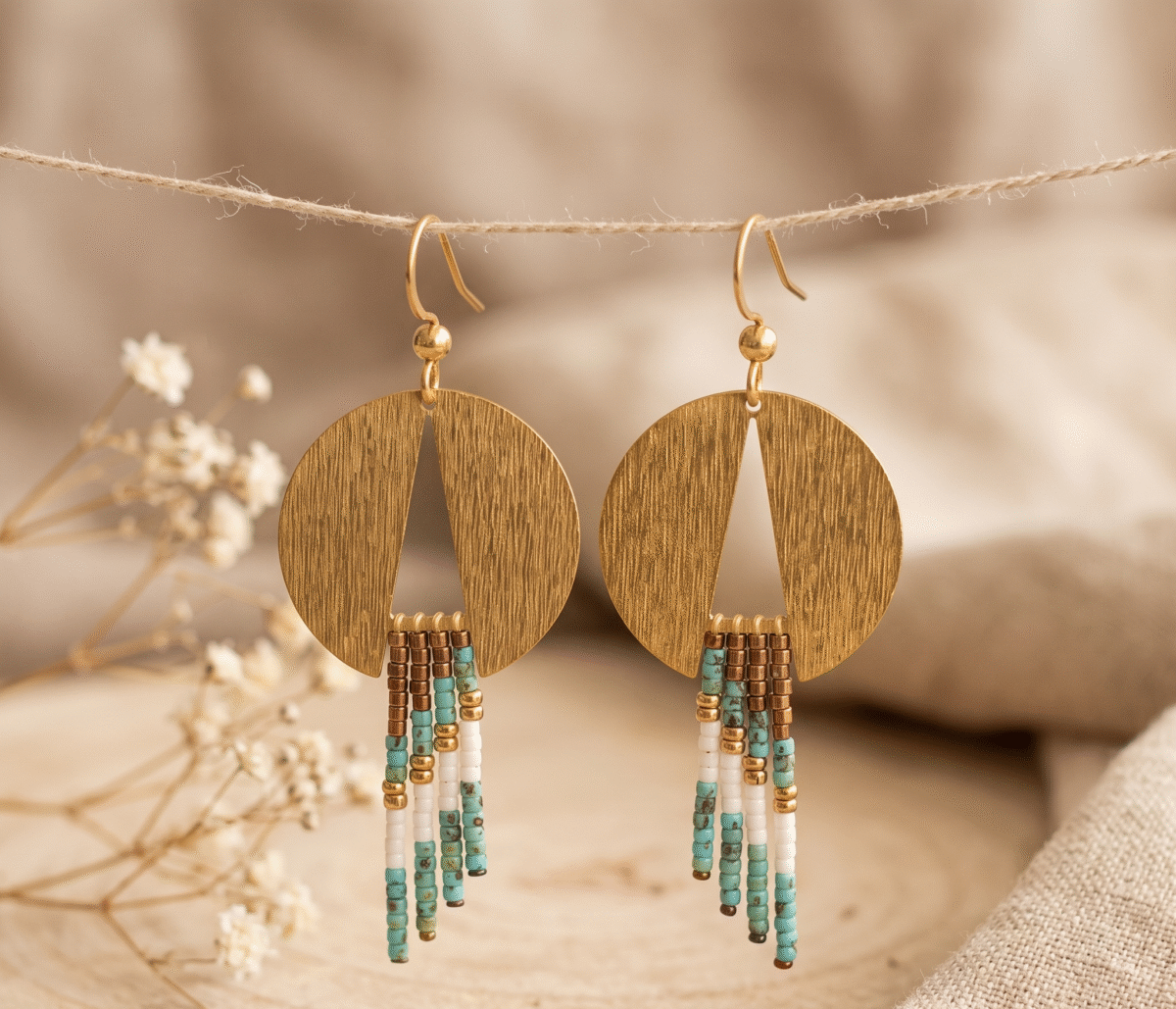 Gemini_Generated_Image_9estl9estl9estl9 Boucles d'Oreilles Disque Doré "Éclipse" — Franges Miyuki Turquoise