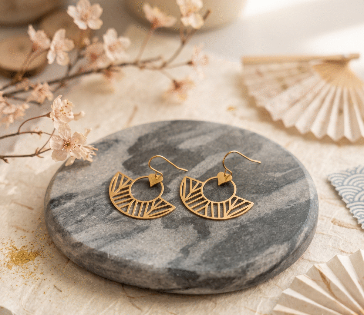 Boucles d'Oreilles Dorées "Cœur Solaire" — Éventail Ajouré