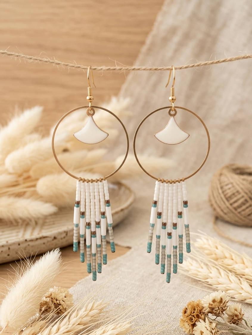 Boucles d'Oreilles Dorées "Lagon" — Franges Miyuki & Émail Blanc