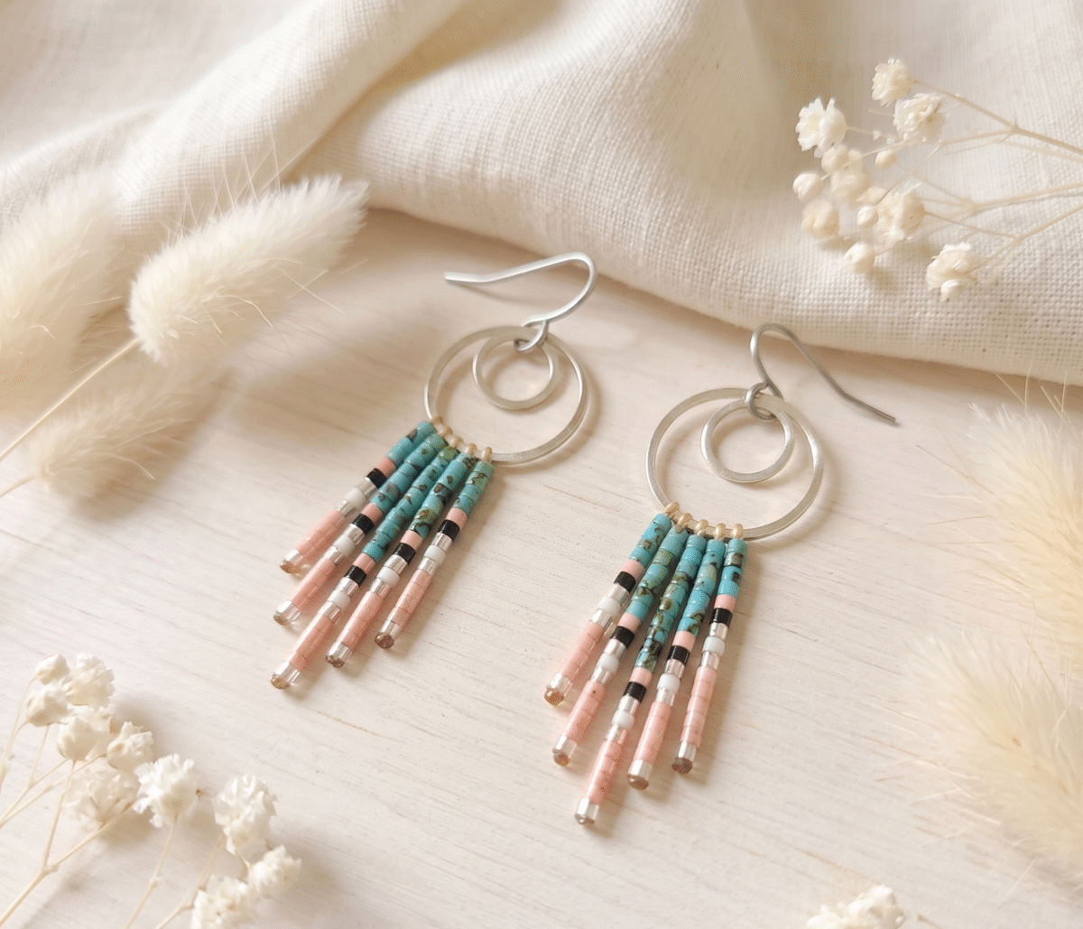 Boucles d'Oreilles Argentées "Cascade" — Double Anneau & Franges Miyuki