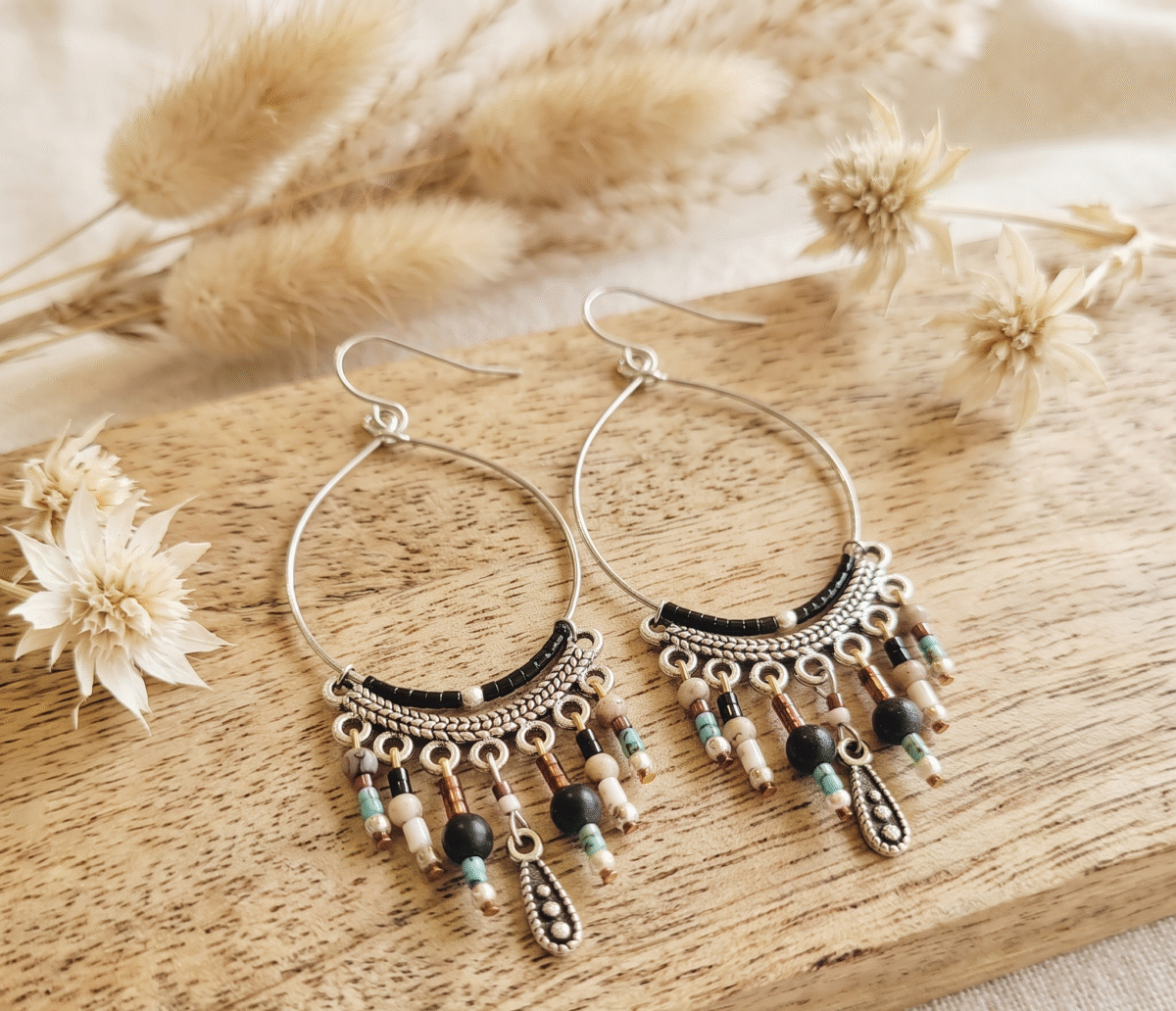 Boucles d'Oreilles Argentées "Bohème Chic" — Perles Miyuki & Howlite