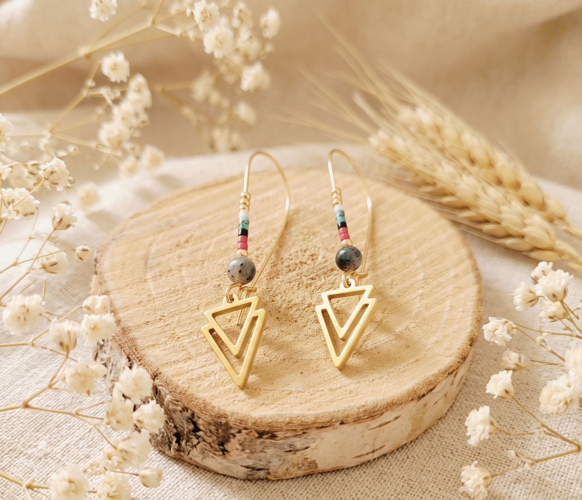 Boucles d'Oreilles Dorées "Flèche Bohème" — Double Triangle & Miyuki