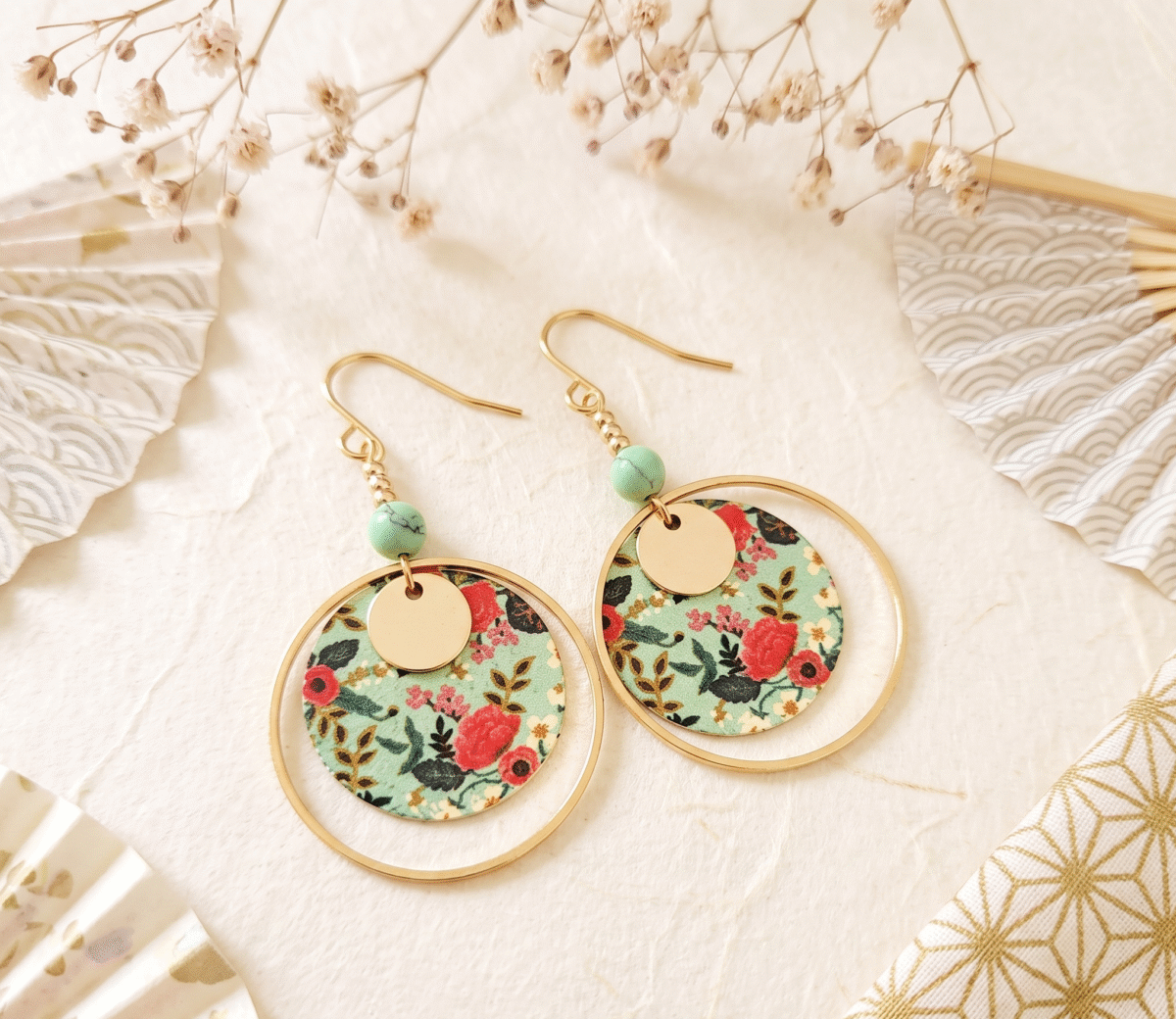 Boucles d'Oreilles Dorées "Jardin Japonais" — Médaillon Fleuri & Howlite