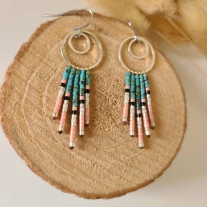 Boucles d’Oreilles Bohèmes Turquoise Et Rose | Double Anneau Argenté Et Perles Miyuki | Fait Main | Poamongaux