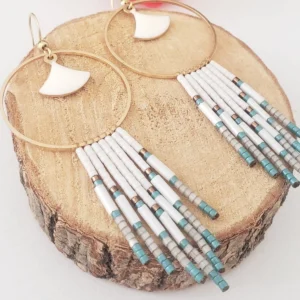 Boucles d’Oreilles Bohèmes Vert d’Eau | Nacre Blanche Et Perles Miyuki | Anneau Doré Léger | Poamongaux | Fait Main
