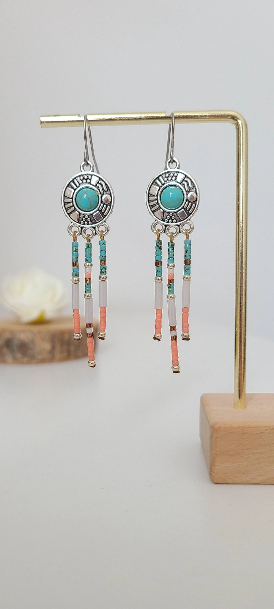 Boucles d’Oreilles Ethniques Bleues Avec Cabochon Et Perles Miyuki