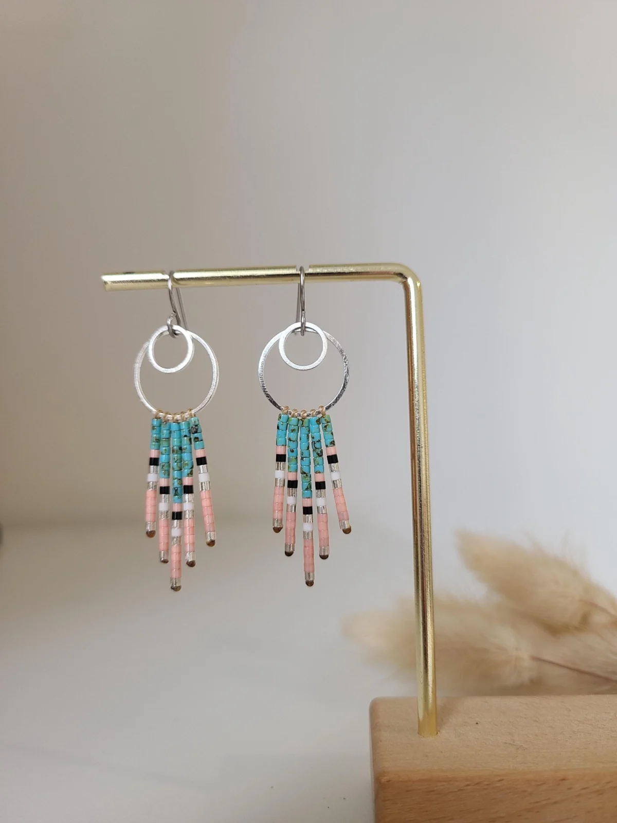 Boucles d’Oreilles Bohèmes Turquoise Et Rose En Miyuki