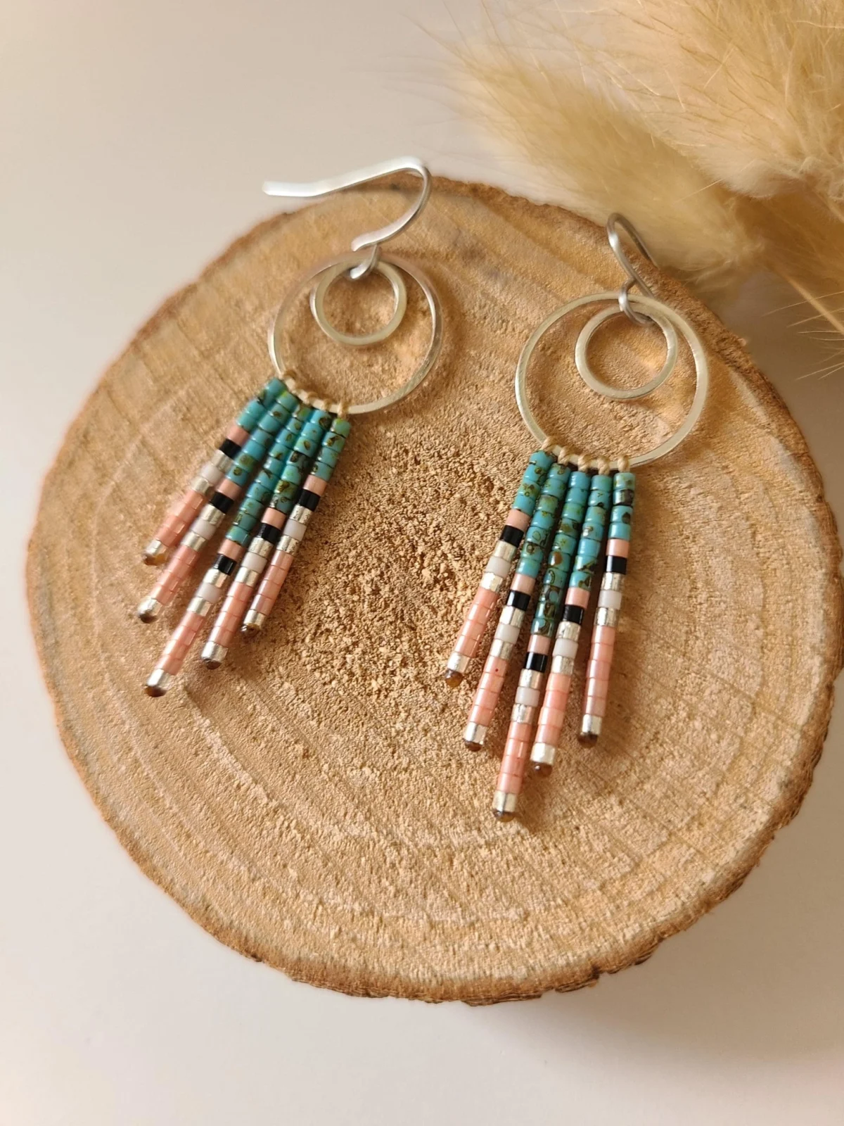 Boucles d’Oreilles Bohèmes Turquoise Et Rose En Miyuki