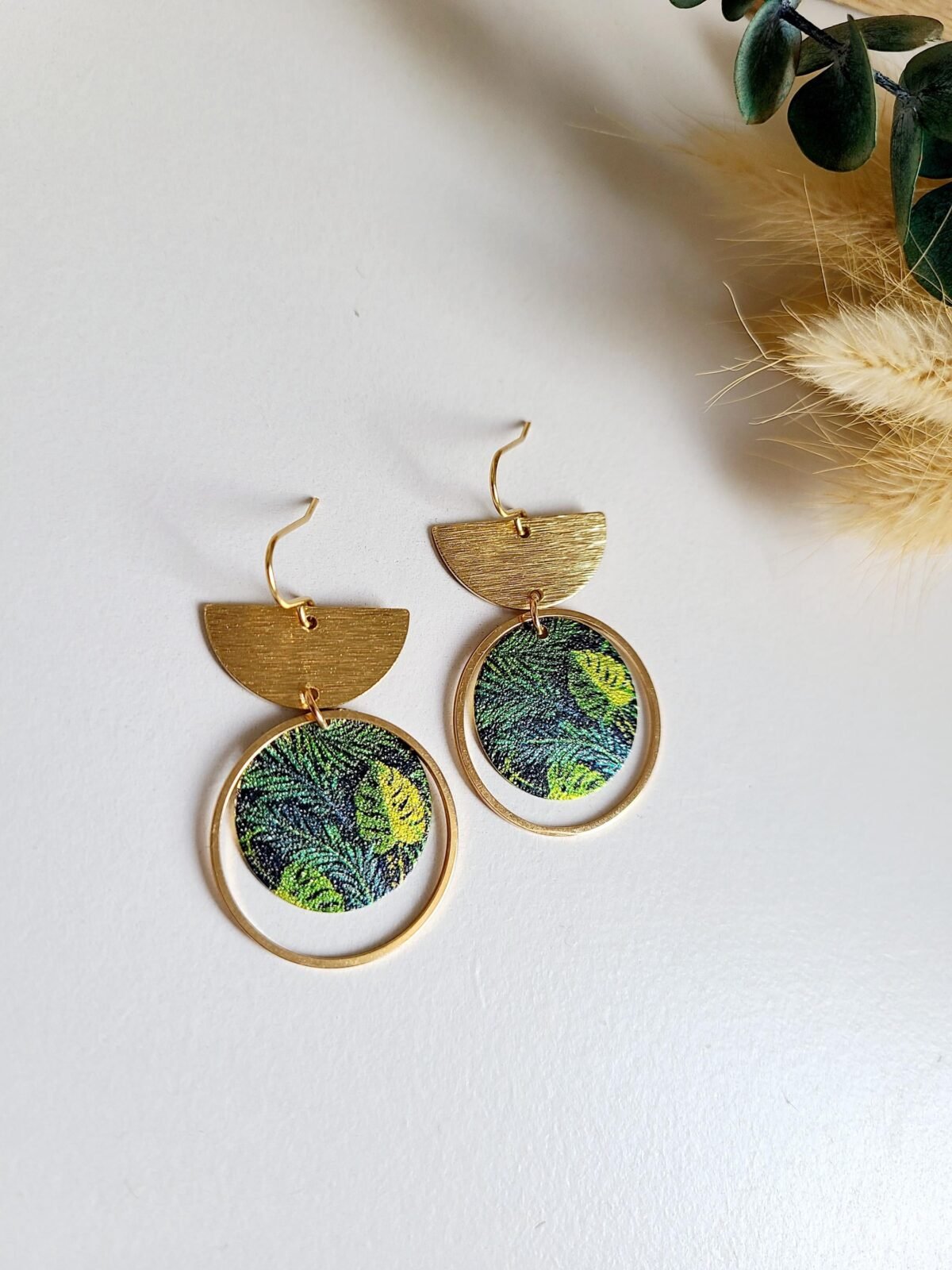 Boucles D’Oreilles Japonaises Dorées Avec Cercle Et Demi-Cercle En Laiton