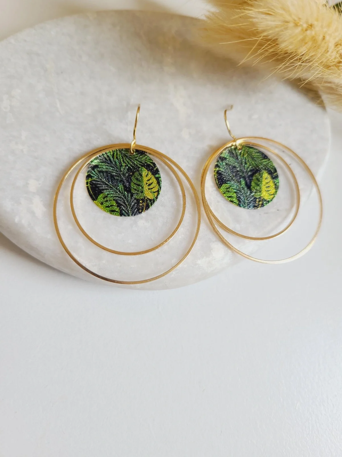 Boucles D’Oreilles Style Japonais Multi-Cercles Feuillage Tropical