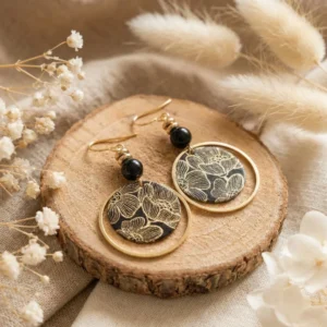 Boucles D’Oreilles Japonaises Pendantes Hématite Dorées