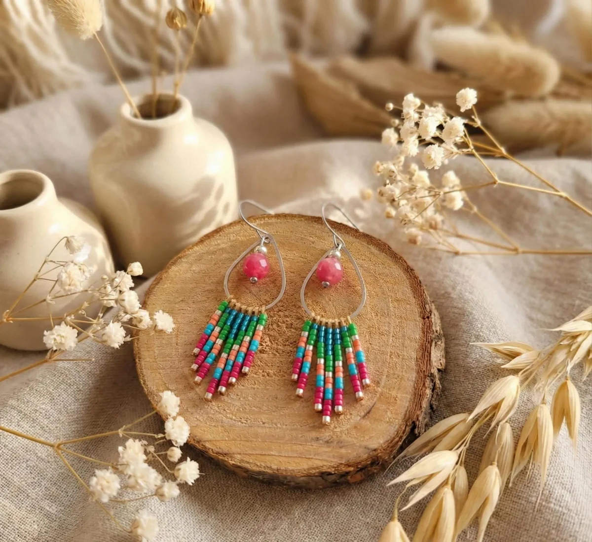 Boucles d’Oreilles Bohèmes Multicolores Avec Perle Naturelle Et Perles Miyuki