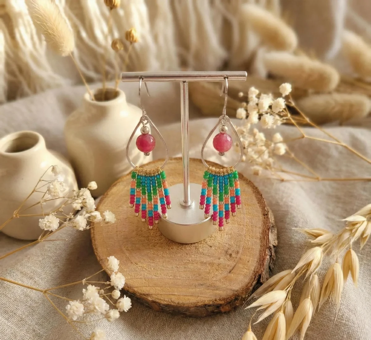 Boucles d’Oreilles Bohèmes Multicolores Avec Perle Naturelle Et Perles Miyuki