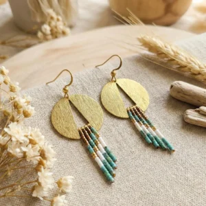 Boucles d'Oreilles Disque Doré "Éclipse" — Franges Miyuki Turquoise