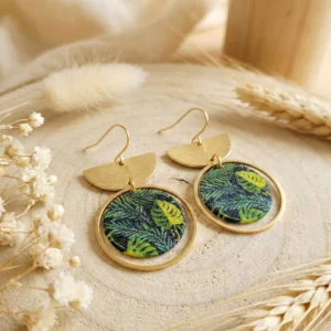 Boucles d'Oreilles Dorées "Jungle" — Demi-Lune & Motif Tropical