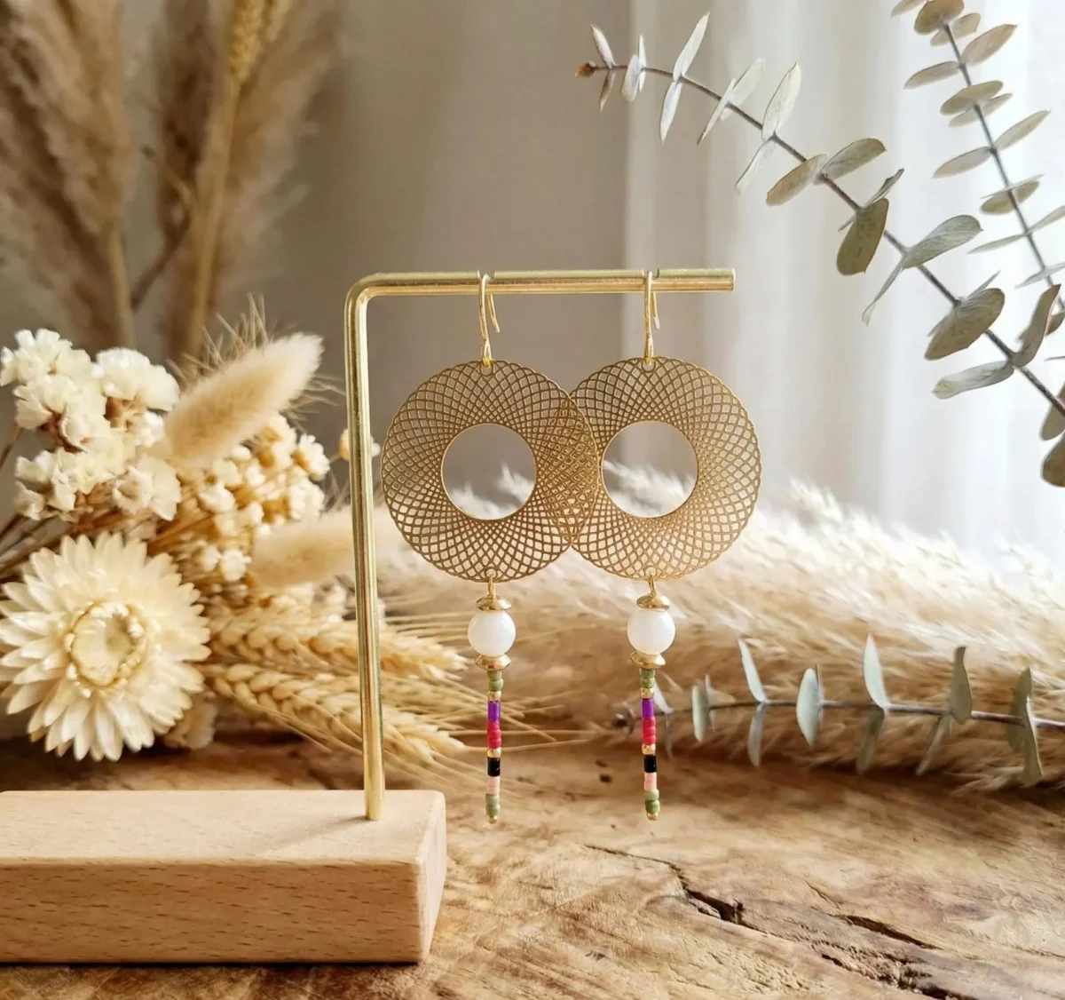 Boucles d'Oreilles Dorées "Filet Bohème" — Disques Ajourés & Miyuki