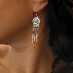 Boucles d’Oreilles Ethniques Bleues | Cabochon Résine Et Franges En Perles Miyuki | Acier Inoxydable | Fait Main | Poamongaux