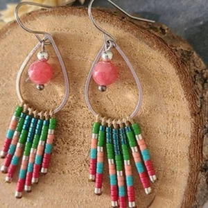 Boucles d’Oreilles Bohèmes Multicolores | Perles Miyuki Tissées Et Perle Naturelle Rose | Acier Inoxydable | Fait Main | Poamongaux