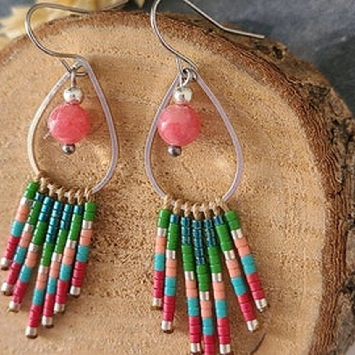 Boucles d’Oreilles Bohèmes Multicolores | Perles Miyuki Tissées Et Perle Naturelle Rose | Acier Inoxydable | Fait Main | Poamongaux