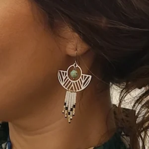 Boucles d’Oreilles Art Déco Vertes | Pierre Naturelle Et Franges En Perles Miyuki | Métal Argenté | Poamongaux | Fait Main