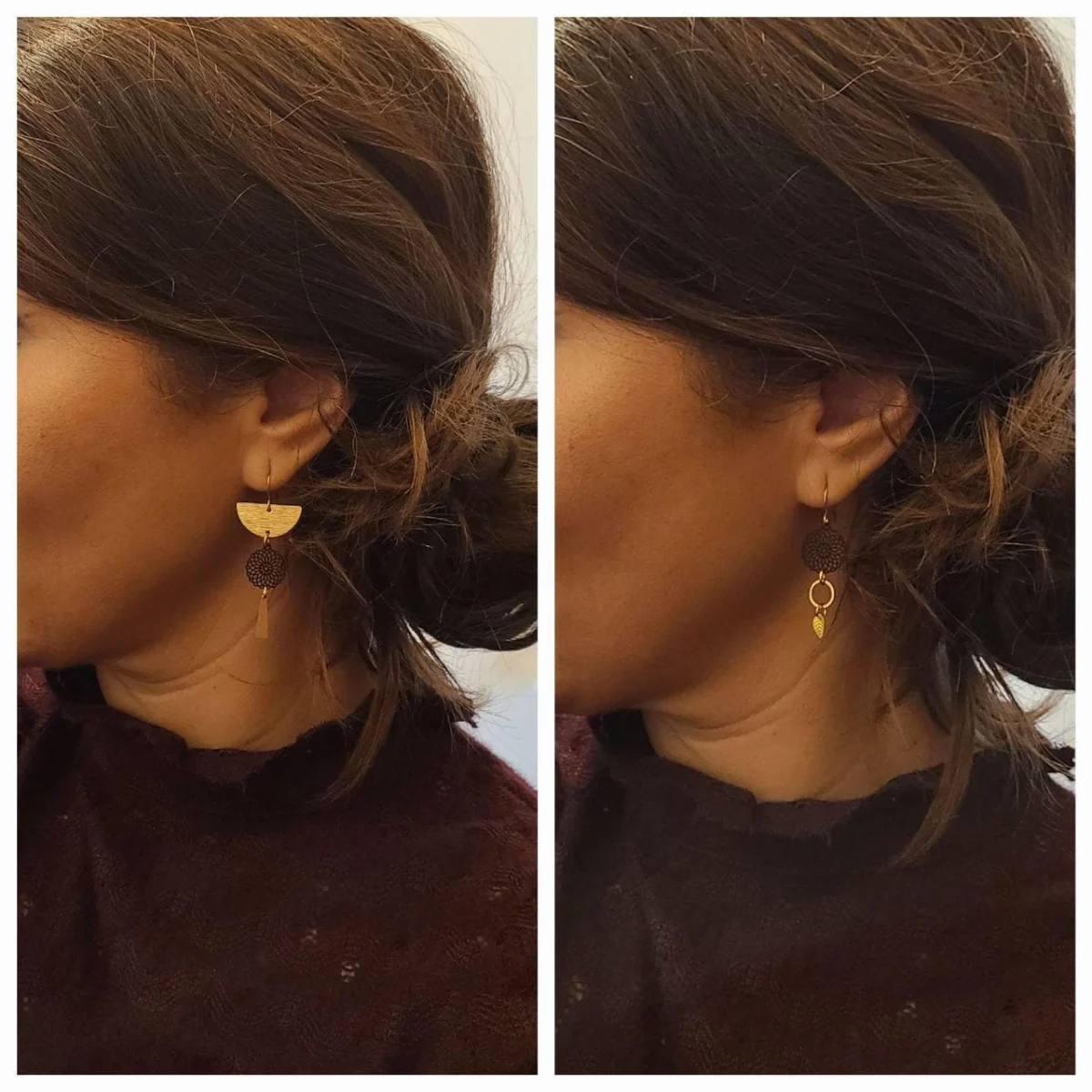 Boucles D'Oreilles Asymétriques Dorées Avec Mandala, Anneaux Et Feuille
