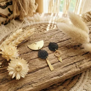 Boucles d'Oreilles Asymétriques "Rosace" — Filigrane Doré & Noir Description courte