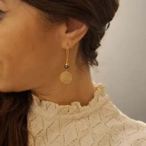 boucles d’oreilles mandala dorées ou argentées avec perle prune fait main