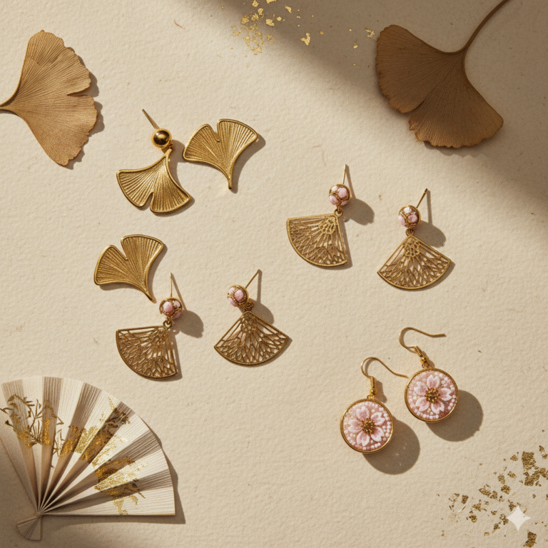 Boucles d’oreilles japonaises ginkgo doré symbole porte bonheur