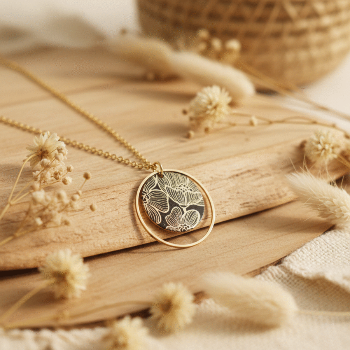 Collier Doré Pendentif Rond Fleuri En Laiton