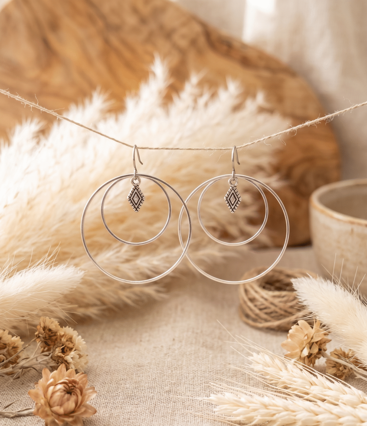 Boucles d'Oreilles Argentées "Écho Bohème" — Double Cercle & Losange