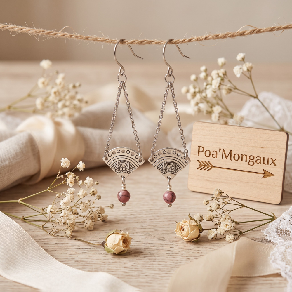 Boucles d'Oreilles Argentées "Éventail Bohème" — Chaînette & Howlite Rose