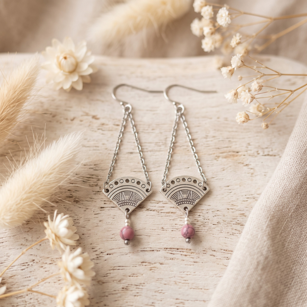 Boucles d'Oreilles Argentées "Éventail Bohème" — Chaînette & Howlite Rose