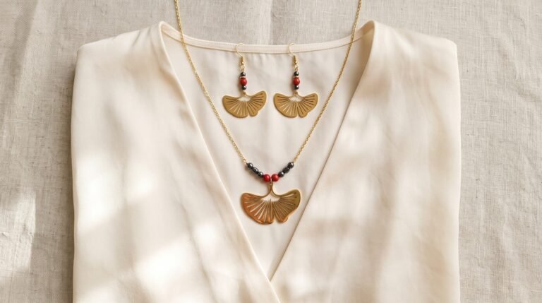 Associer collier et boucles d'oreilles : collier Ginkgo ajouré et boucles Ginkgo Nuit dorées sur un chemisier crème