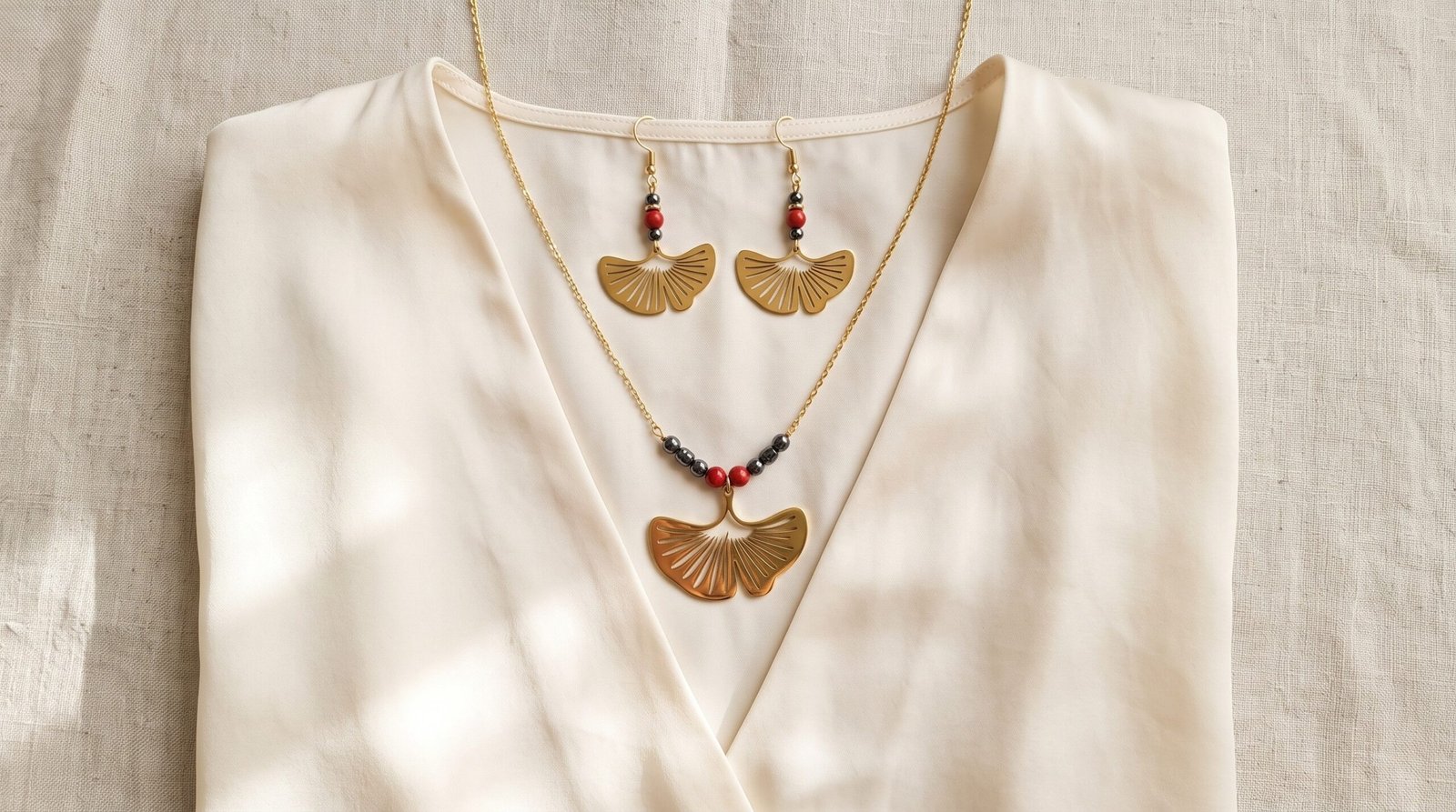Associer collier et boucles d'oreilles : collier Ginkgo ajouré et boucles Ginkgo Nuit dorées sur un chemisier crème