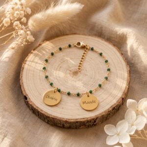 Bracelet personnalisé médaille gravée et chaîne perlée – 14 couleurs