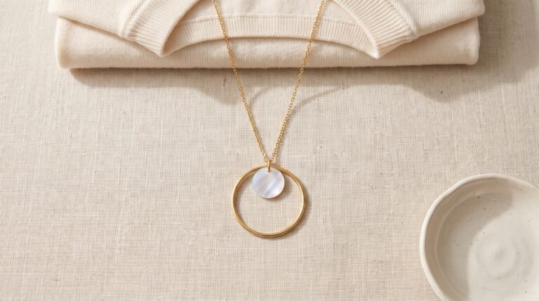 Colliers artisanaux faits main : collier doré à cercle de nacre Art Déco sur lin naturel