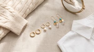 Comment porter des boucles d'oreilles dorées : trois paires faites main avec pull en maille crème et chemise blanche