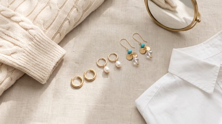 Comment porter des boucles d'oreilles dorées : trois paires faites main avec pull en maille crème et chemise blanche