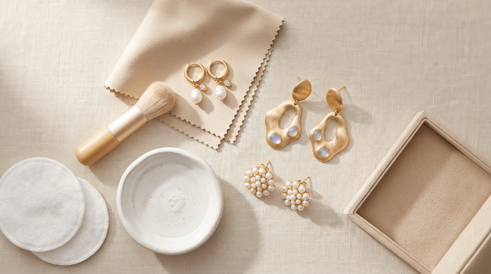 Entretenir ses bijoux en acier et laiton : boucles d'oreilles, chiffonnette microfibre et brosse douce