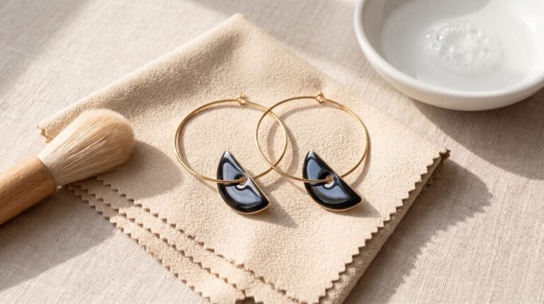 Entretenir ses bijoux : créoles dorées Double Cercle et cœur en émail rouge sur une chiffonnette microfibre