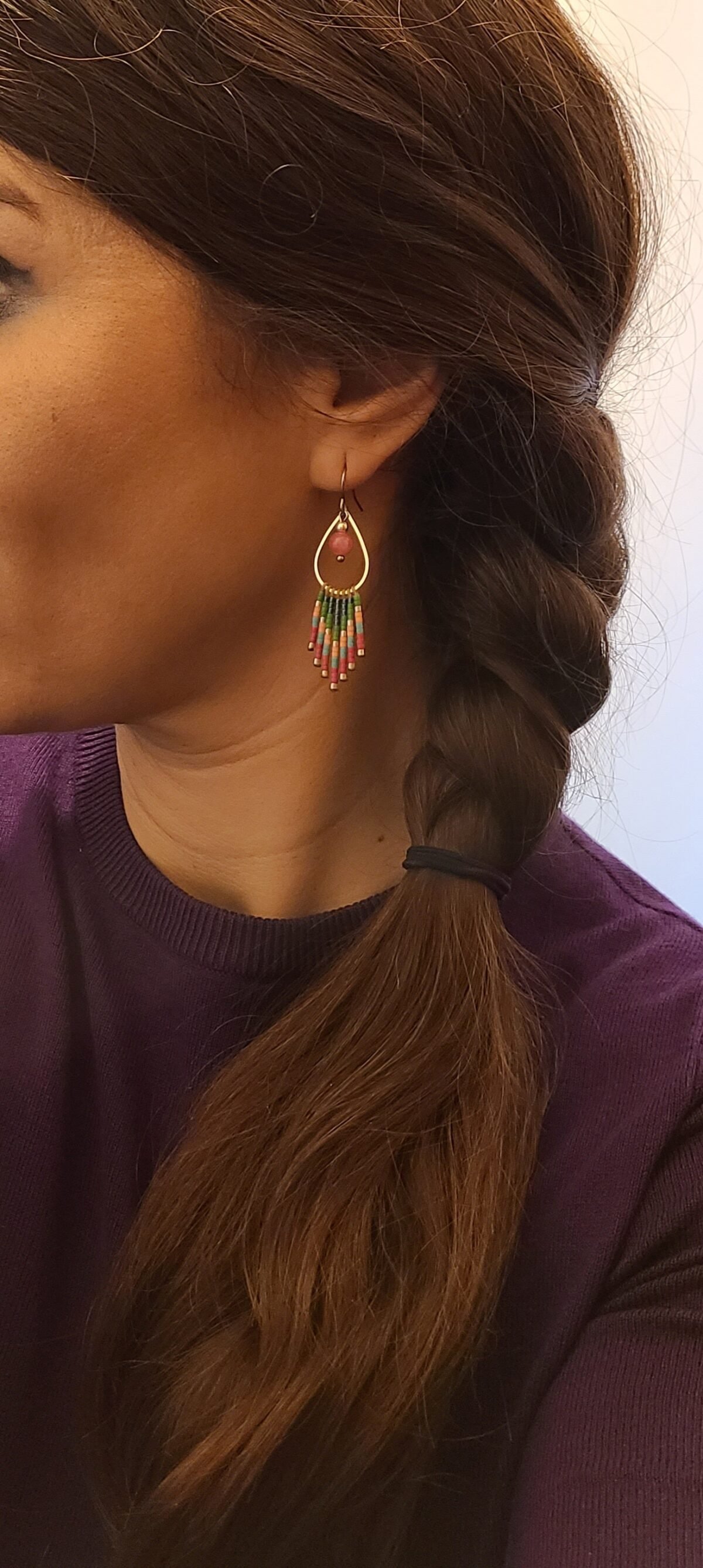 Boucles d'Oreilles Tissées "Prairie" — Franges Miyuki Vert & Rose - photo 2