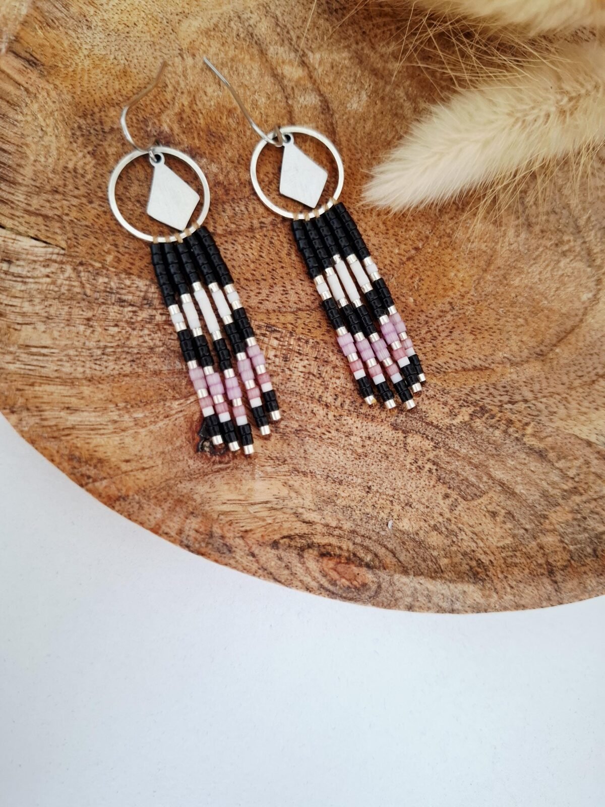 Créoles Tissées "Poudré" — Franges Miyuki Noir, Blanc & Rose - photo 4