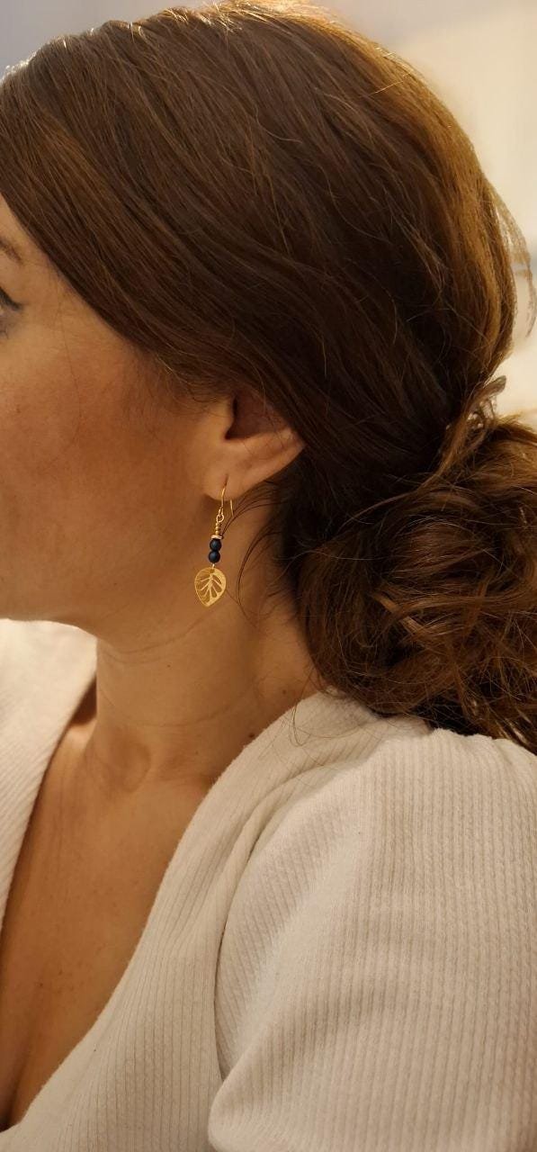 Boucles d'Oreilles Dorées "Nuit Bleue" — Feuille Ajourée & Hématite - photo 3 Boucles d'Oreilles Dorées "Nuit Bleue" — Feuille Ajourée & Hématite - photo 3