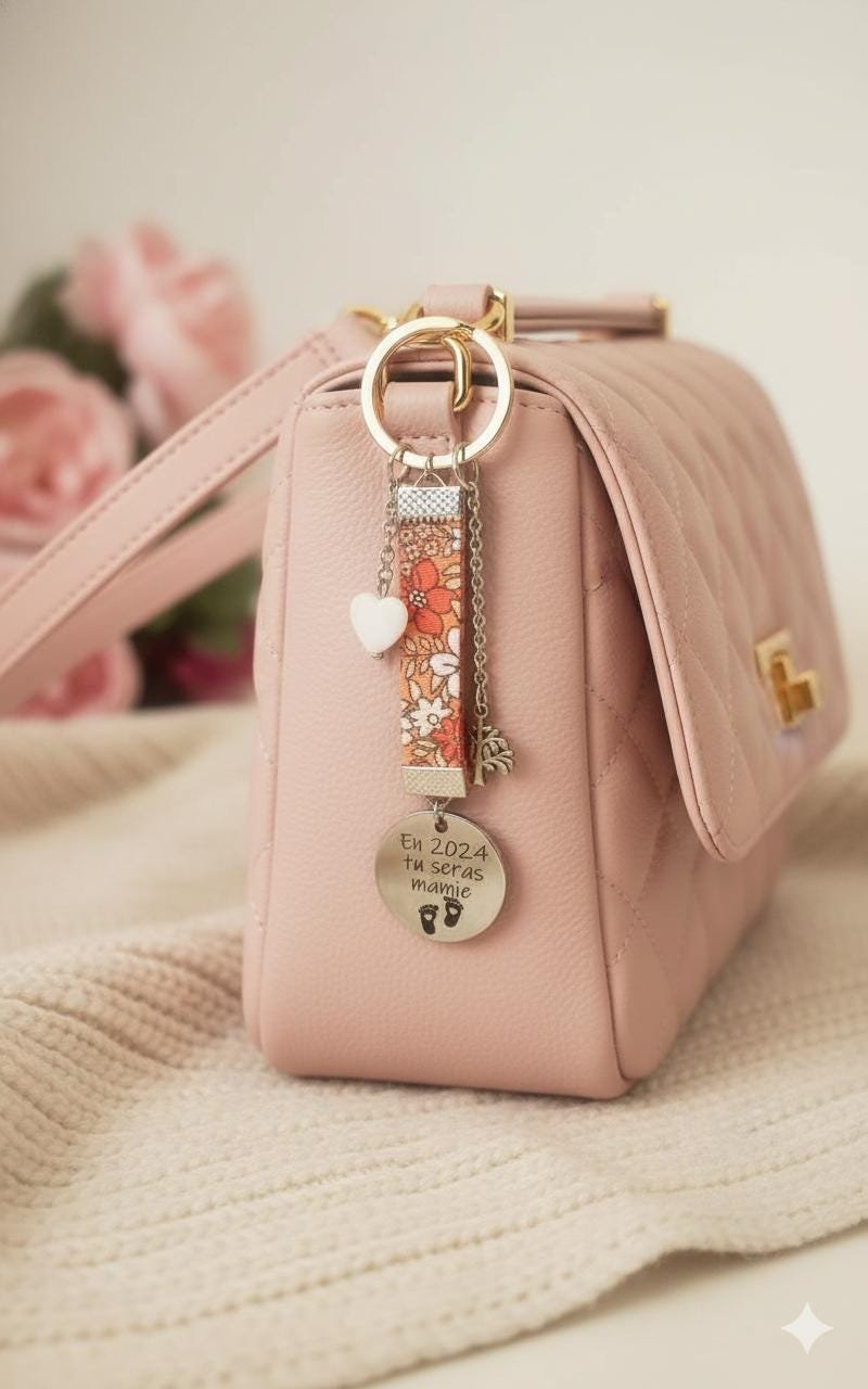 Porte-clés annonce grossesse – tissu Liberty et médaille gravée - photo 2