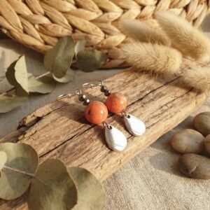 Boucles d'Oreilles Argentées "Corail" — Perles Orange & Goutte