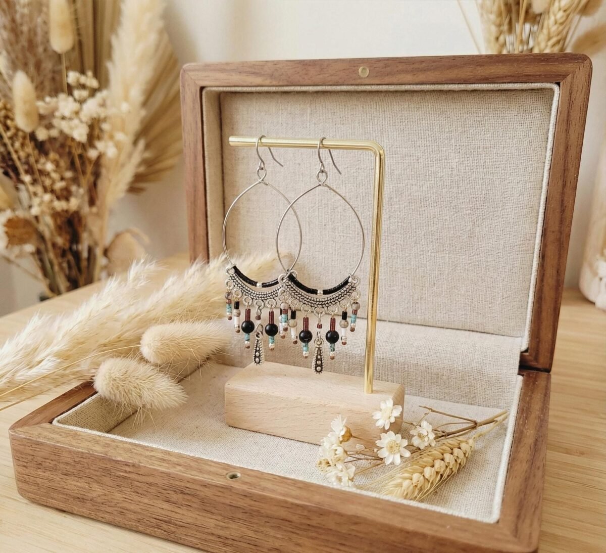 Grandes Créoles Tissées "Plume" — Miyuki Blanches & Howlite - photo 3