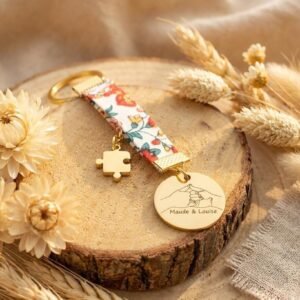 Porte-clés personnalisé meilleures amies – médaille gravée et tissu Liberty